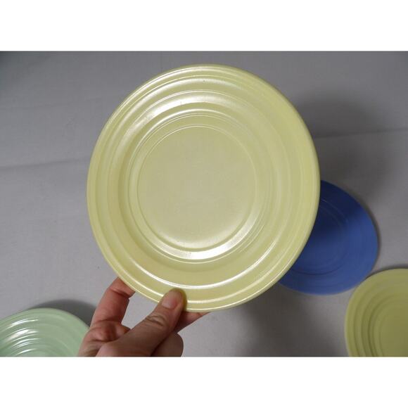 Vintage Hazel Atlas Moderntone Platonite Bread Plates 6.75" Yellow Green 5 Pc - Picture 6 of 11